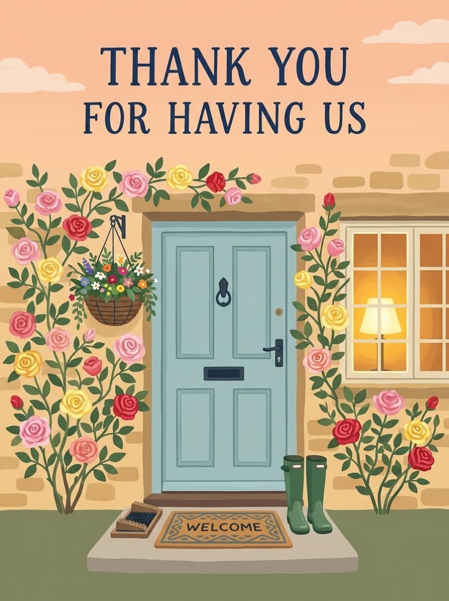 Classic Cottage Doorway Hosts Thank You Card: THANK YOU FOR HAVING US