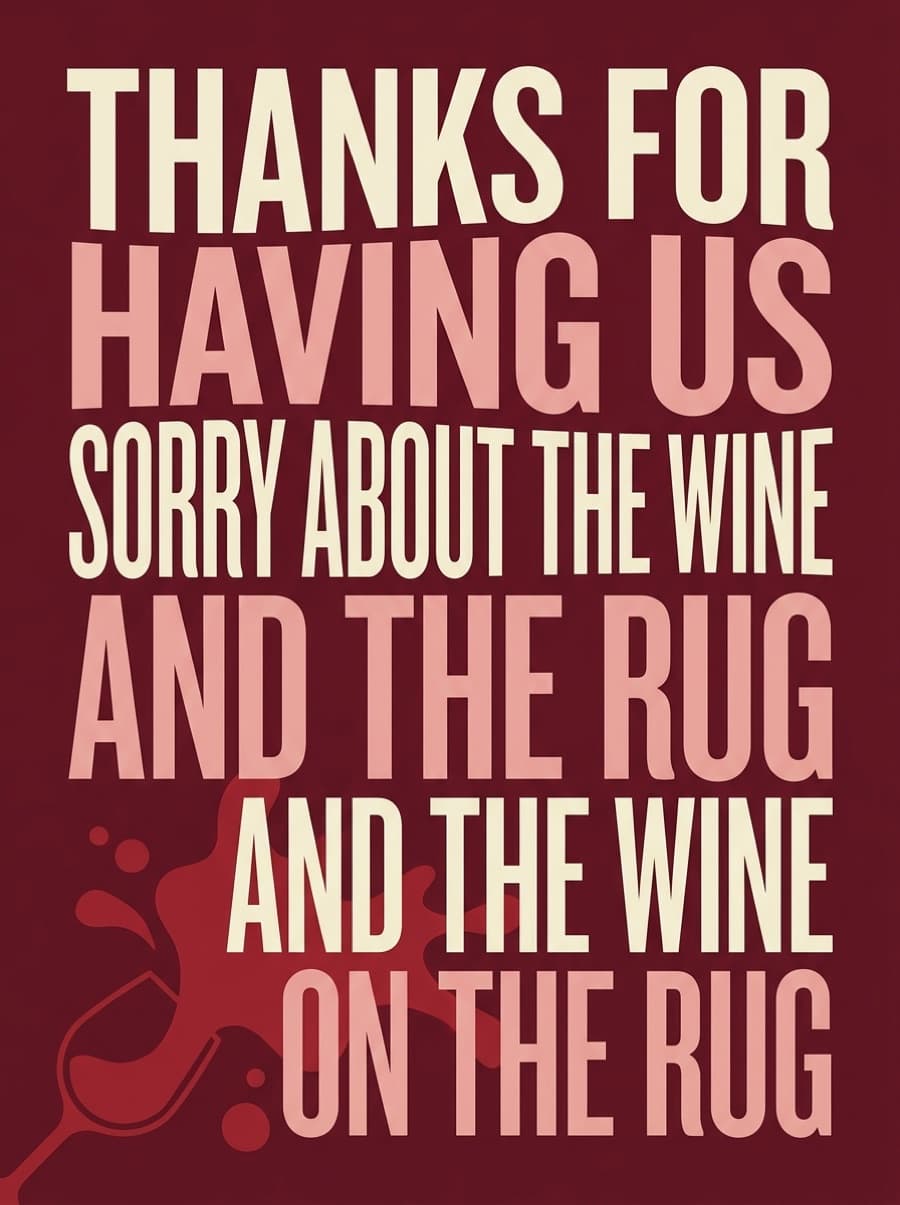 Funny Wine On The Rug Thank You Card: THANKS FOR HAVING US SORRY ABOUT THE WINE AND THE RUG AND THE WINE ON THE RUG