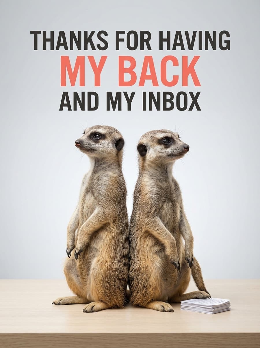 Funny Meerkats Colleague Thank You Card: THANKS FOR HAVING MY BACK AND MY INBOX