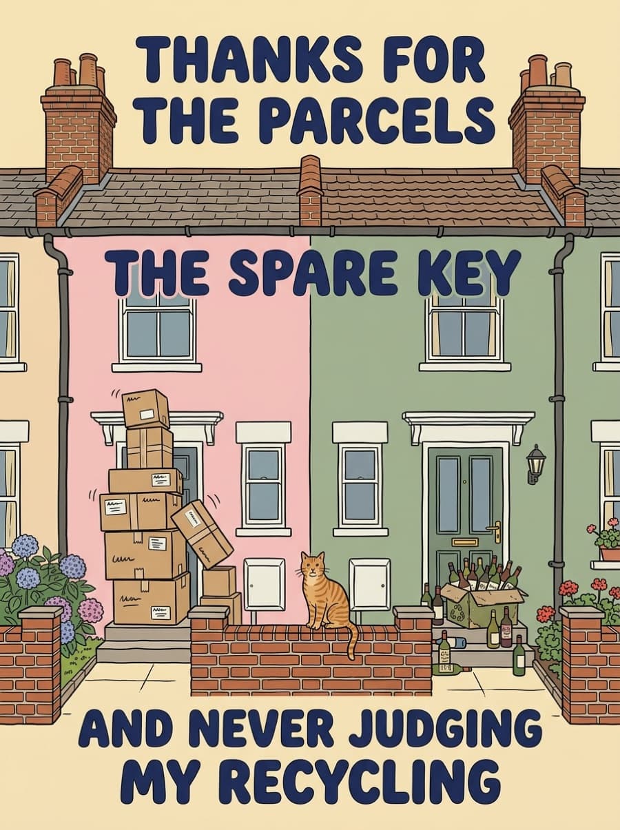 Funny Neighbour Parcels Thank You Card: THANKS FOR THE PARCELS THE SPARE KEY AND NEVER JUDGING MY RECYCLING