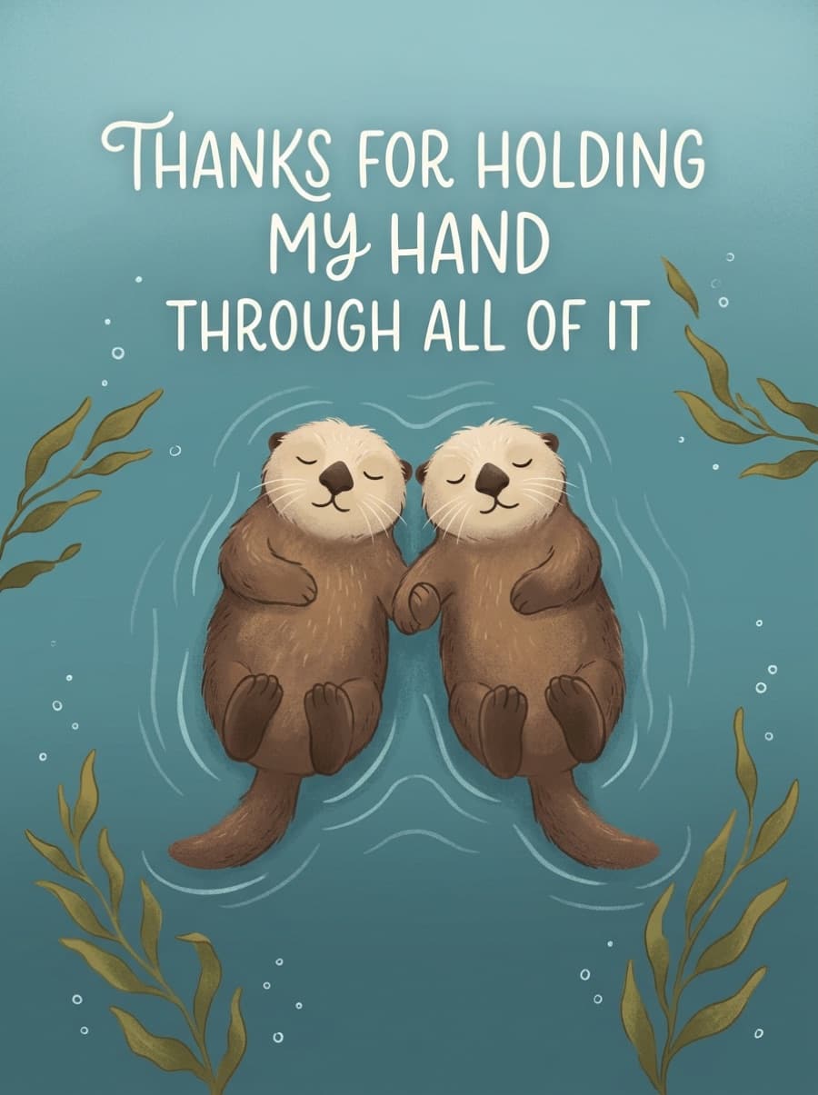 Cute Otters Holding Hands Thank You Card: THANKS FOR HOLDING MY HAND THROUGH ALL OF IT