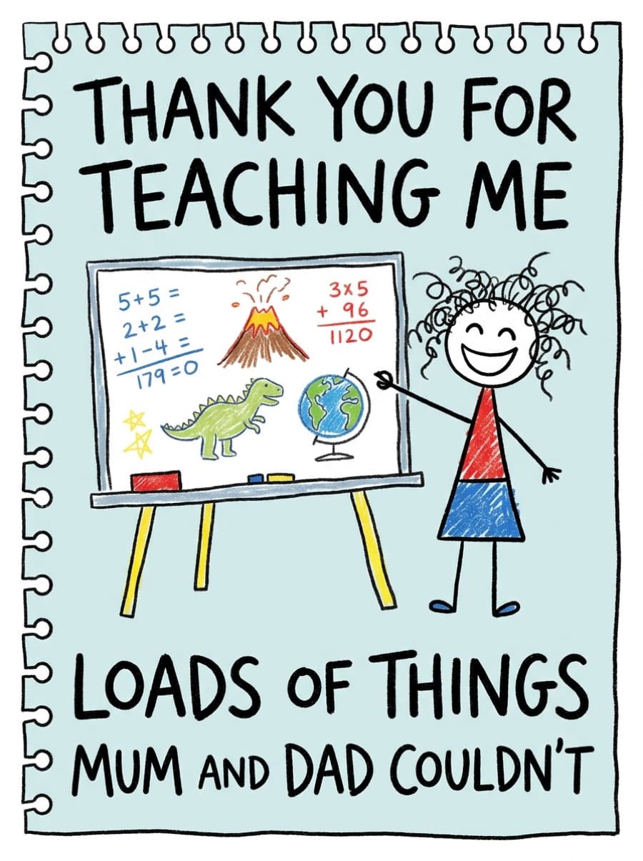 Funny Teacher From The Kids Thank You Card: THANK YOU FOR TEACHING ME LOADS OF THINGS MUM AND DAD COULDN'T